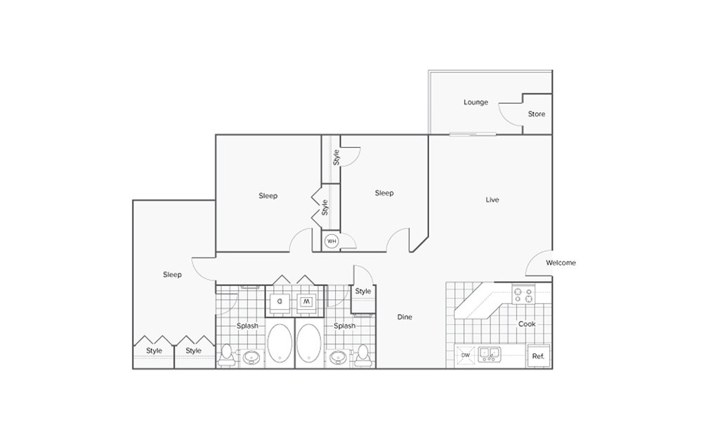 Cypress - 3 bedroom floorplan layout with 2 baths and 1224 square feet.