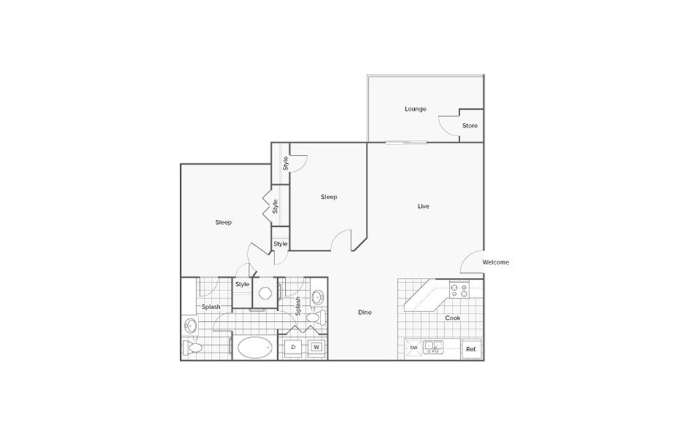 Magnolia - 2 bedroom floorplan layout with 1.5 bath and 1025 square feet.