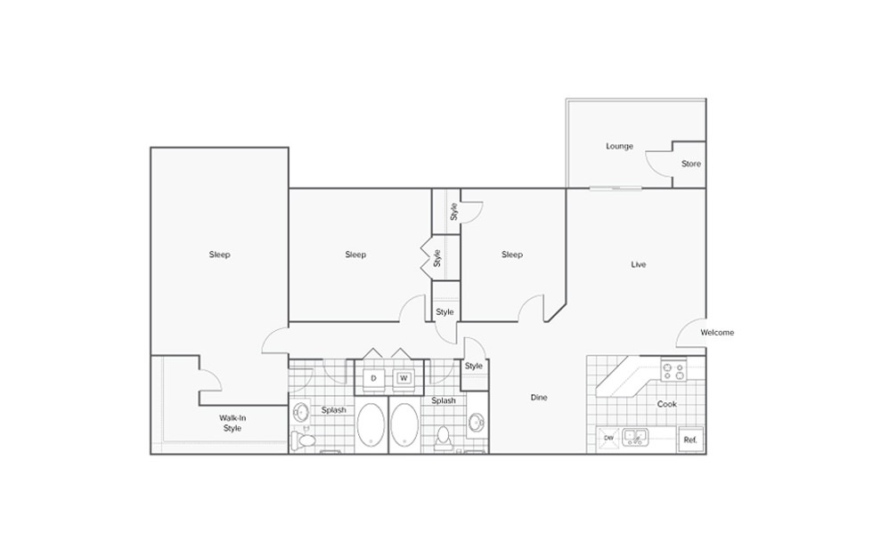 Sycamore - 3 bedroom floorplan layout with 2 baths and 1386 square feet.