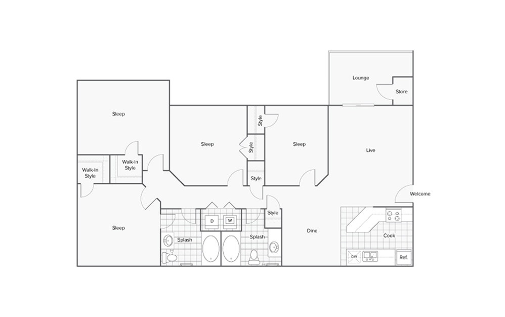 Willow - 4 bedroom floorplan layout with 2 baths and 1386 square feet. Willow - 4 bedroom floorplan layout with 2 baths and 1386 square feet.